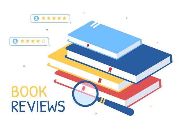Vector book review illustration with reader feedback for analysis and comments about publications