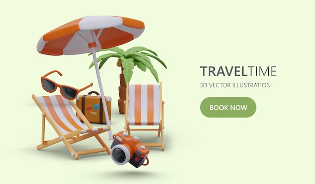 Vector book romantic tours for two pleasant rest vivid impressions beautiful photos vector template with button and place for advertising text illustration of tropical resort with 3d objects