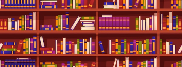 book shelf seamless pattern library or bookstore school university and college textbooks and fiction love for reading and literature knowledge and information cartoon flat vector illustration