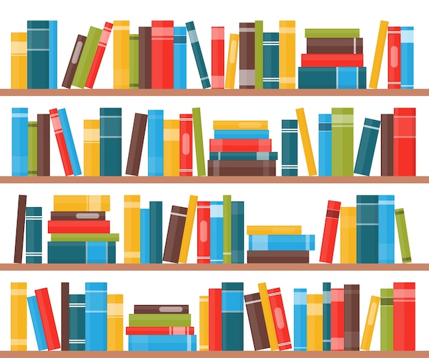 Книжные полки с разноцветными книжными корешками книги на полке векторная иллюстрация в плоском стиле