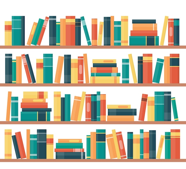 Book shelves with multicolored book spines Books on a shelf Vector illustration in flat style