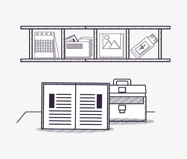 book and shelves with office supplies related icons