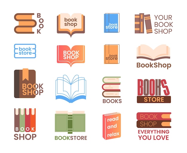 Set di logotipi di libreria e libreria. logo dell'istruzione, della biblioteca o dell'editore, servizio di libreria online o icona dell'applicazione con illustrazione vettoriale di pila di libri di carta isolato su sfondo bianco