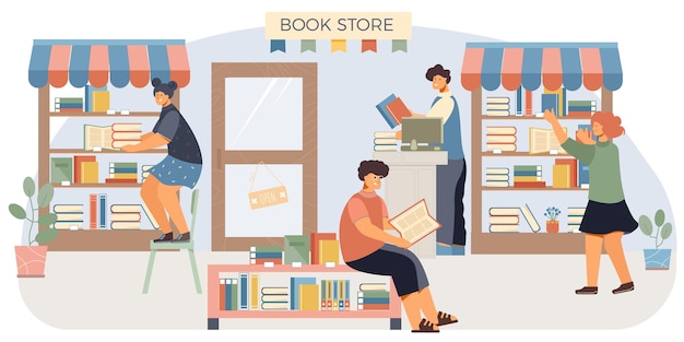 Vector book shop flat composition four people in a book store stand at the shelves and read illustration