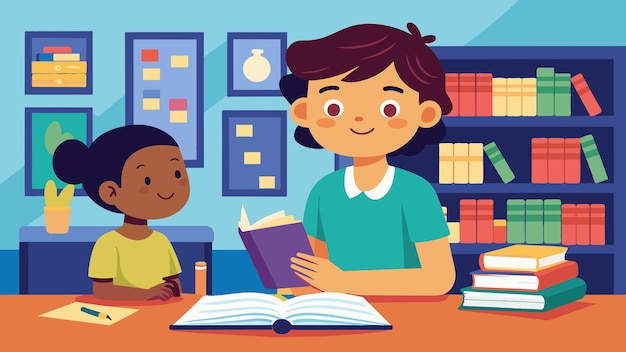 A book signing event at a local bookstore with the young author sitting at a table autographing