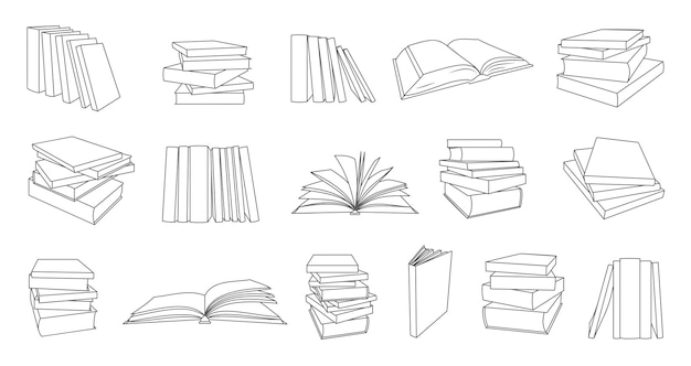 Book stack isometric simple sticker black line set