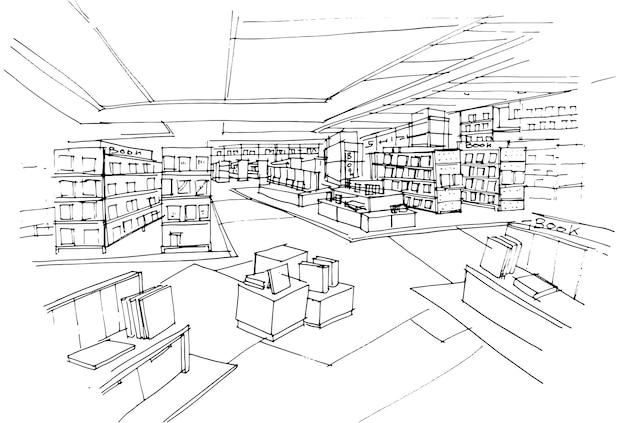 Disegno dello schizzo del negozio di libri e articoli di cancelleria illustrazione moderna di designvector2d