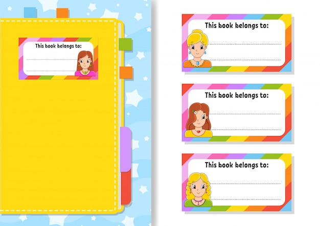 Book stickers for kids. Beautiful girls. The rectangular shape.
