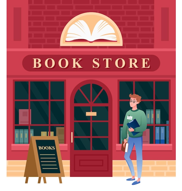 Vector book store facade. cartoon vintage city building architecture of bookstore and student