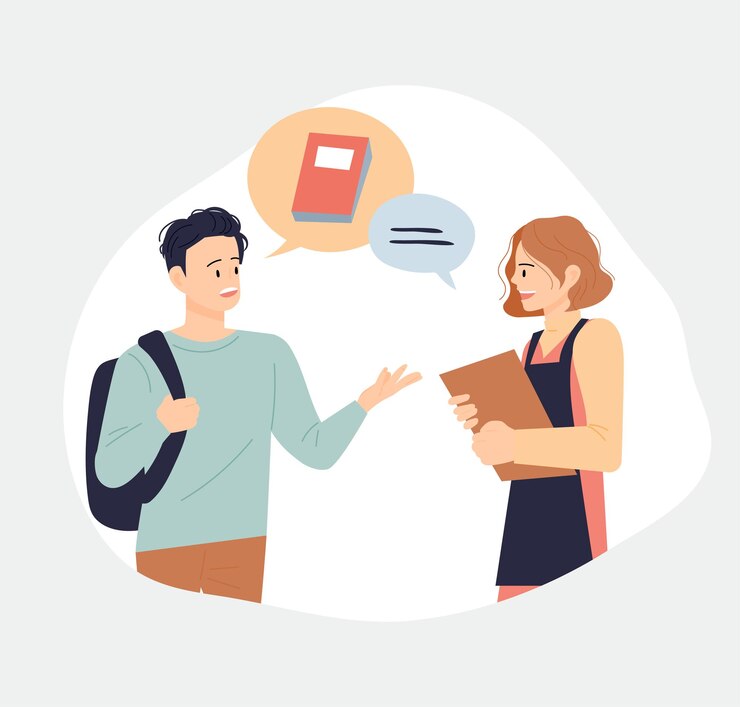 Vector book store and people a customer asks a bookstore employee to find a book
