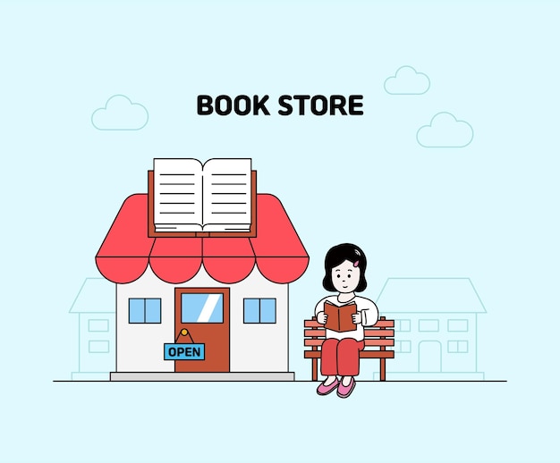 Book store and reading illustration set girl kid library vector drawing hand drawn style