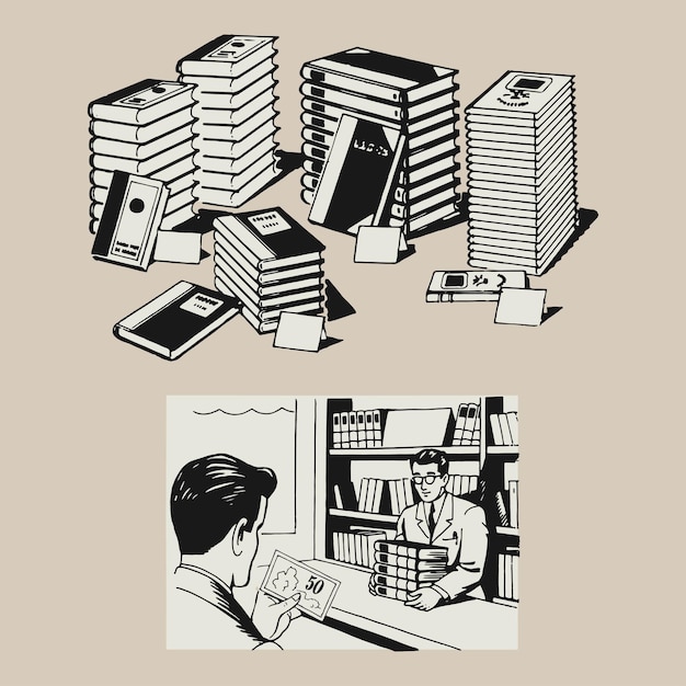 Вектор Книжный магазин клерк и книги ретро логотип винтажная иллюстрация шаблон дизайн векторные элементы