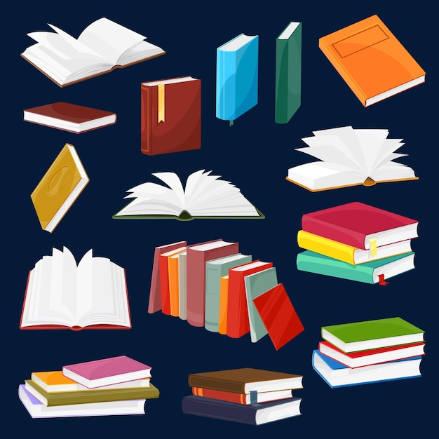 Libro e libro di testo insieme vettoriale con pile di cartoni animati o pile di libri aperti e chiusi