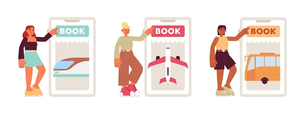 Book ticket online app flat concept vector spot illustration set