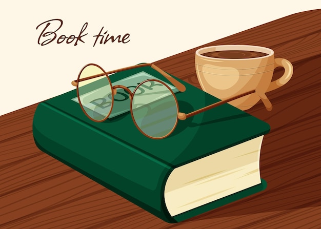 Vector book time book day book glasses and cup of coffee or tea on the table