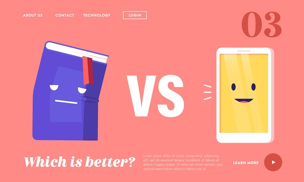 本と電子書籍のランディングページテンプレート。教育における革新的なテクノロジー、本を読むためのデジタルデバイス。不幸な紙の本と幸せなスマートフォンまたは電子機器のガジェット。漫画のベクトル図