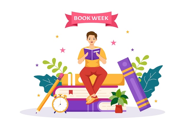 벡터 book week events vector illustration with people reading 또는 students study textbooks in templates