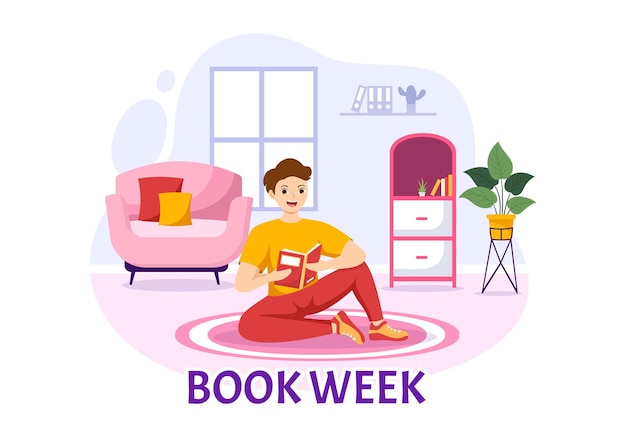 Book Week Events Vector Illustration with People Reading 또는 Students Study Textbooks in Templates