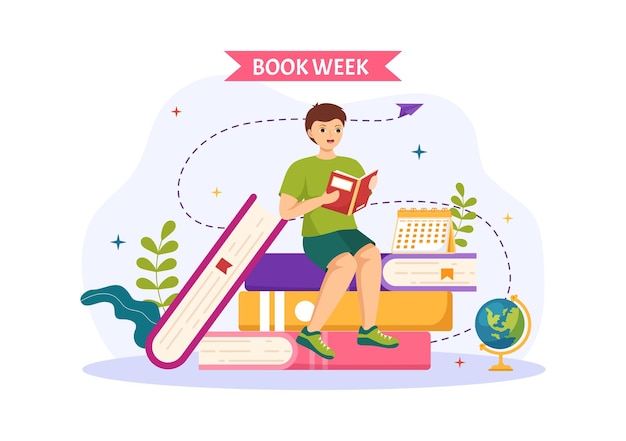 Book week events vector illustration with people reading or students study textbooks in templates