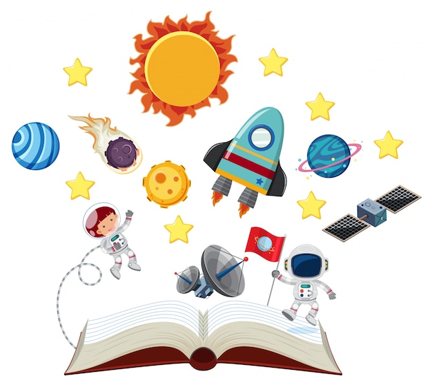 Book with astronauts and solar system