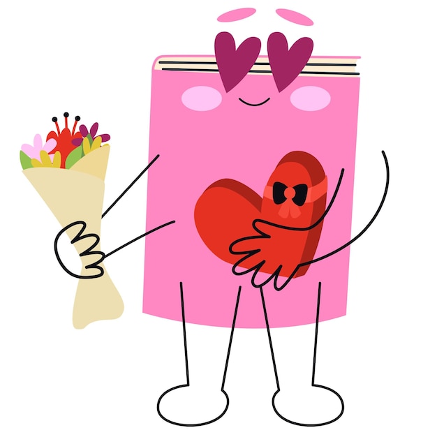 Книга с цветами и коробкой шоколадных конфетВекторная плоская иконка персонажа мультфильма