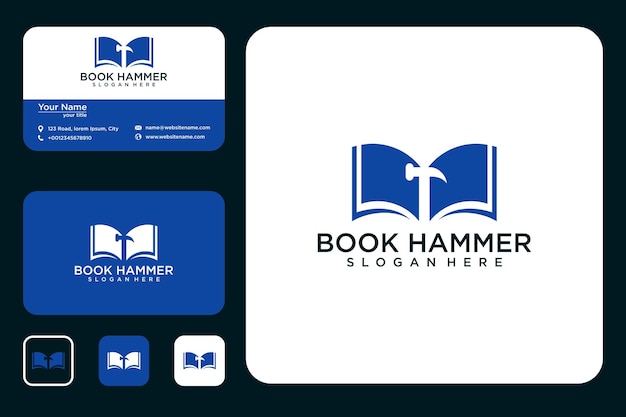 Book with hammer logo design and business card