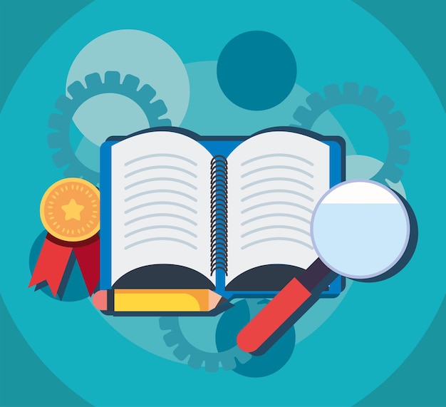 Book with loupe and education icons