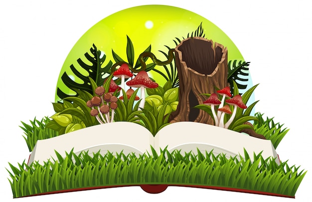 Vector book with mushrooms in the garden