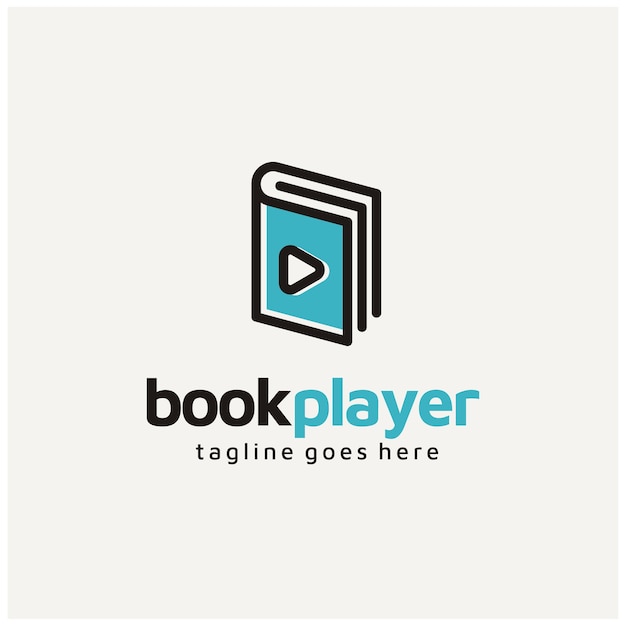 라이브러리 매거진 노래 영화 비디오 미디어 플레이어 로고 디자인을 위한 재생 버튼이 있는 책