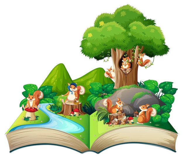 Book with scene of squirrels playing by the river