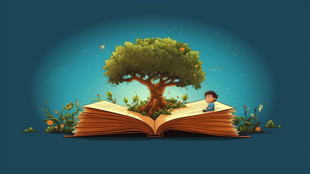 Vector a book with a tree and a boy sitting on the pages