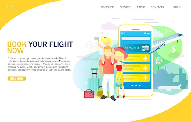 Book your flight now vector website landing page design template