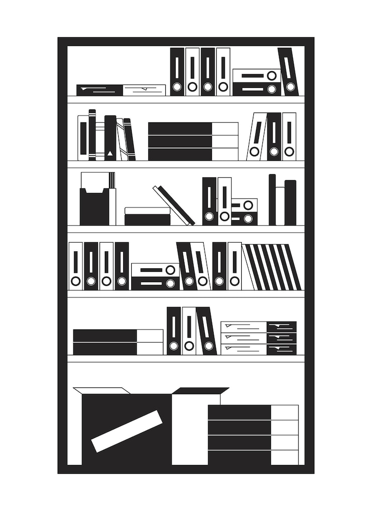Vector bookcase filled with folders and boxes 2d linear cartoon object