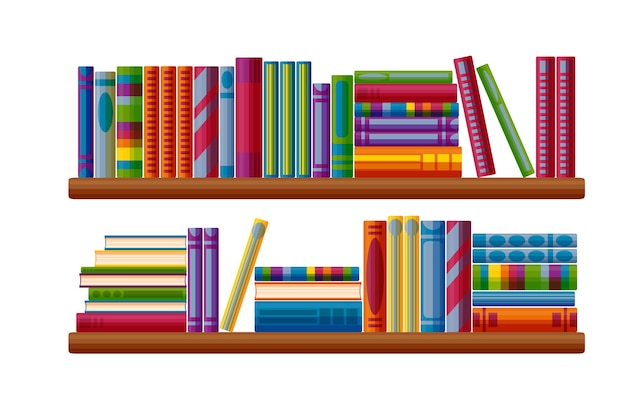 Vector bookcase shelves set bestseller bookshop in cartoon style vector illustration