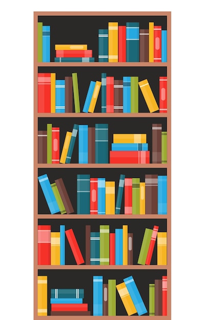 Bookcase with books book shelves with multicolored book spines vector illustration in flat style