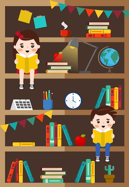 Vector bookcase with books, kids and office stuff, illustration