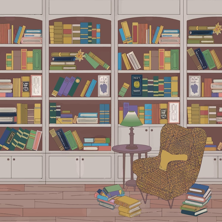 Vector a bookcase with books on the shelves and a chair with a lamp on it