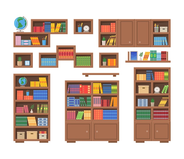 Bookcases with books and other office items. Vector illustration of bookshelves isolated on white background