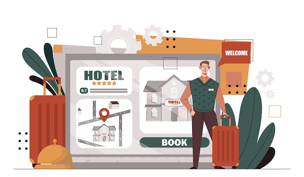 Vector booking hotel online concept man with luggage near tablet with rooms mobile application for