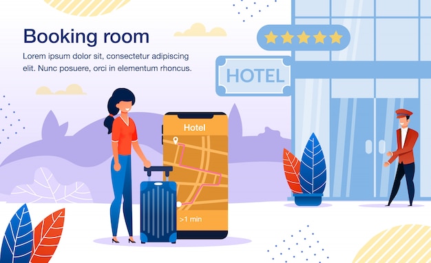 Vector booking hotel with cellphone app banner