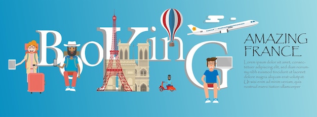 Booking  lettering and famous France landmarks.