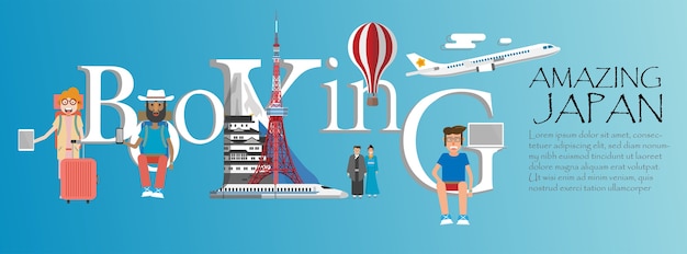 Booking  lettering and famous Japan landmarks.