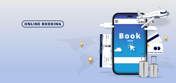 Vector booking online flights travel or ticket .online hotel reservation mobile app. world background.  illustration