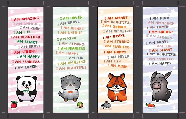 Bookmark set met schattige dieren en bevestigingen voor kinderen Vector