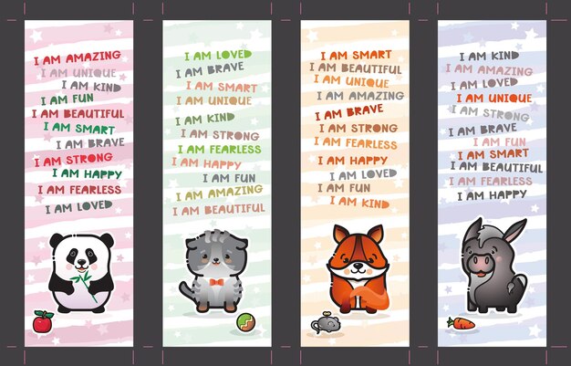 Bookmark set with cute animal and affirmations for kids Vector