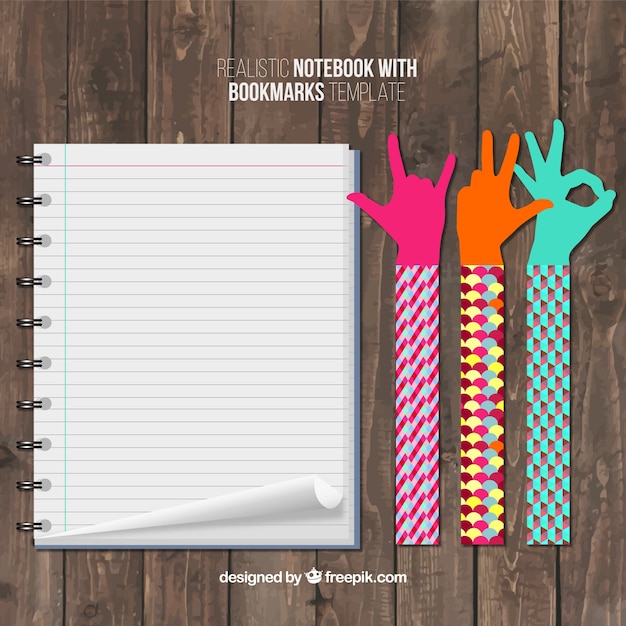 Vector bookmarks with hands and a notebook