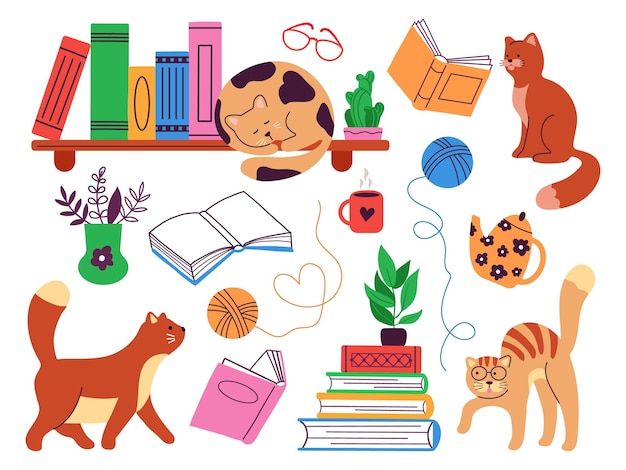 Книги и кошки изучите кошачьи и книжные стопки книжных магазинов hygge elements читайте или рассказывайте истории уютные книжные полки домашней библиотеки изучайте достойные векторные элементы