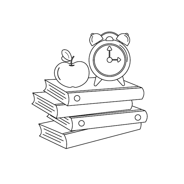 Книги в стиле яблочного будильника Школьный дизайн Векторная иллюстрация на белом фоне