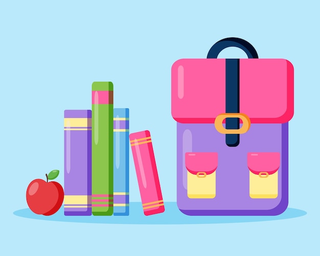 Books and apple and backpack School design Back to school background