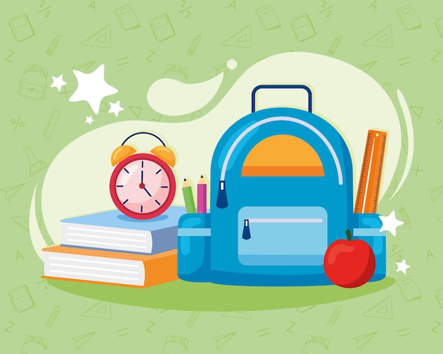 Vector books and bag on green background